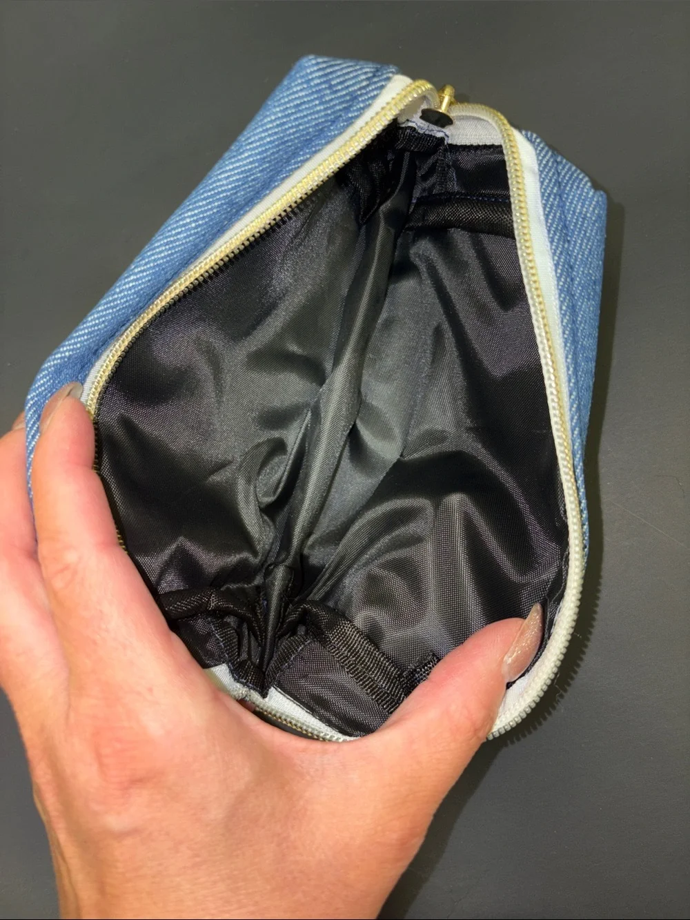 Designer Inspired Light Blue Denim Toiletry Pouch with Star Zip Pull